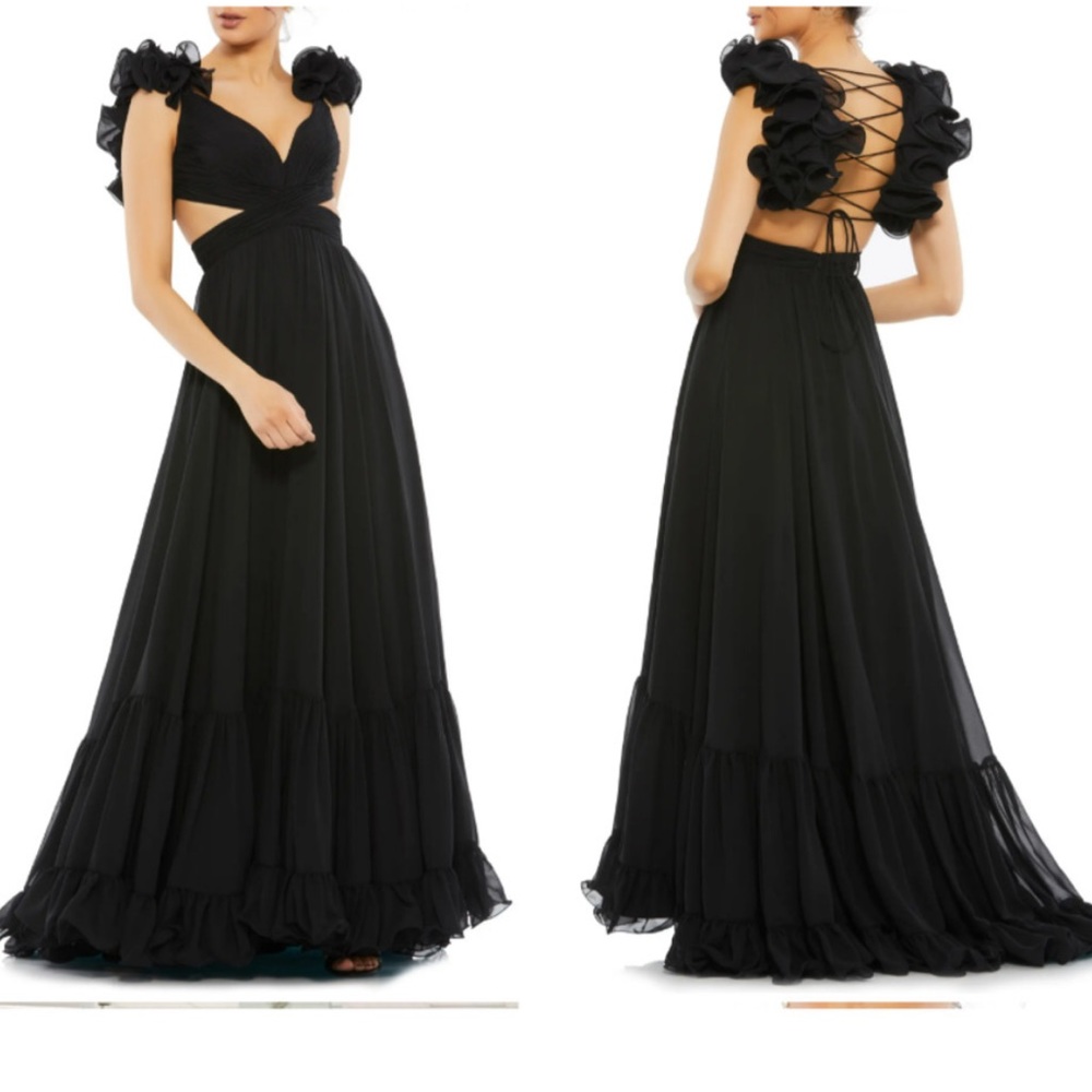MAC DUGGAL Rosette Chiffon Cutout Empire Waist Gown BLACK SIZE 6